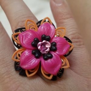 Retro Adjustable Plastic Hot Pink Flower Ring